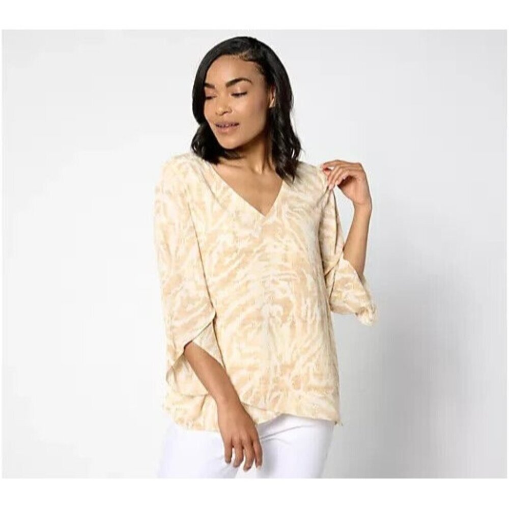 BEAUTIFUL by Lawrence Print Georgette V-Neck Blouse Natural Animal 3X A668235